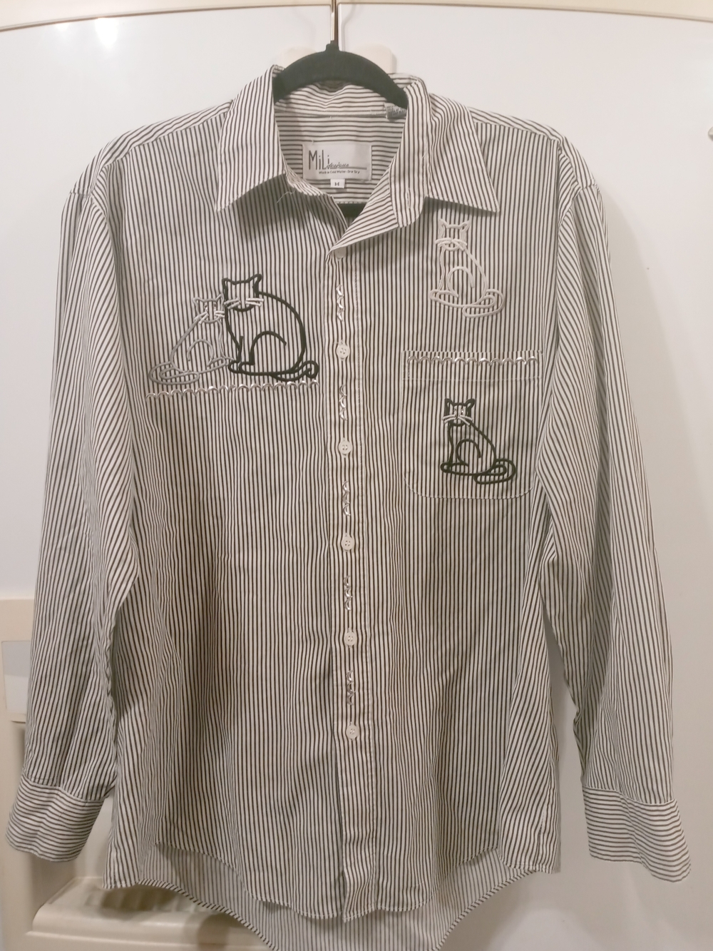 Vintage Women's Black & White Striped Embroidered Cat Button-Up Blouse